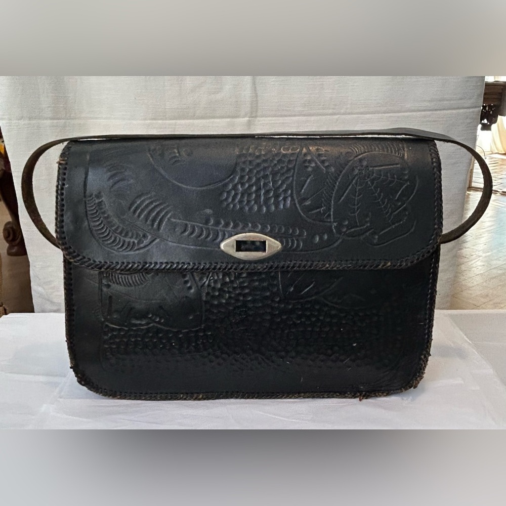 Vintage X‎ Large Handcrafted Black Embossed Leather Tooled Handbag  boho